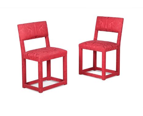 A PAIR OF RED DAMASK UPHOLSTERED SIDE CHAIRS BY ANOUSKA HEMPEL 91cm high, 51cm wide, 47cm deep       Condition Report:  No se
