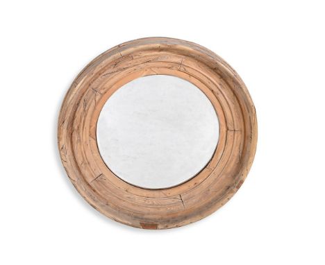 A STRIPED PINE CONVEX WALL MIRROR FIRST HALF 19TH CENTURY 85cm diameter, 10cm deep    Condition Report:  Possibly old and lac