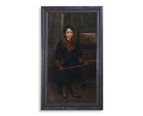 GEORGE HENRY (SCOTTISH 1858-1943) PORTRAIT OF A BOY IN A FUR COAT, FULL-LENGTH, STANDING BY A CHAIR IN AN INTERIOR Oil on can