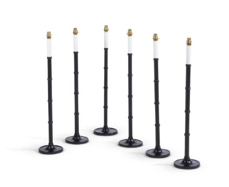 A SET OF SIX TURNED AND EBONISED WOOD 'YARD STICK' TABLE LAMPS BY ANOUSKA HEMPEL With ring turned columns  79cm high to the t