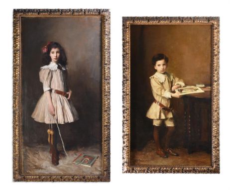 GEORGE SPENCER WATSON (BRITISH 1869-1934) PORTRAITS OF A BOY AND A GIRL, BOTH STANDING, FULL-LENGTH, IN AN INTERIOR Oil on ca