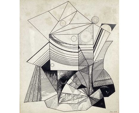 Richard Drew, known as Zacron (British, 1943-2012), pen, Sketch for Transient city, signed and dated 1978, 28 x 25cm, glazed 