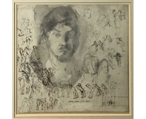 Richard Drew, known as Zacron (British, 1943-2012) pen and wash, Self portrait with skating figures, 1965, 28 x 28cm, glazed 