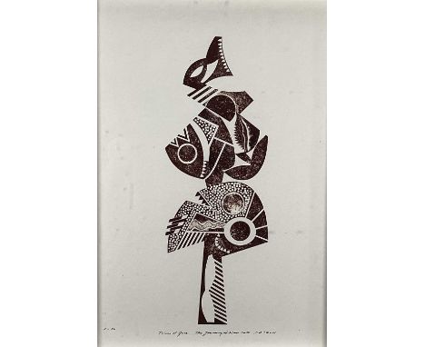 Richard Drew, known as Zacron (British, 1943-2012) collograph print - Totem of Gula, from the Journey of Man Suite, signed an