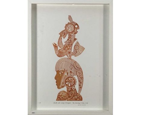Richard Drew, known as Zacron (British, 1943-2012) collograph print - Lady of the Gods, from the Journey of Man Suite, signed