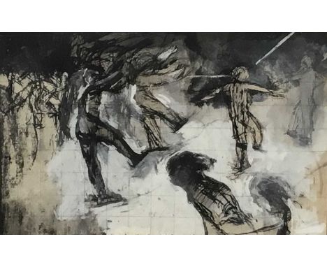 Richard Drew, known as Zacron (British, 1943-2012) mixed media, Skaters, signed and titled to mount, 24 x 37cm, glazed frame