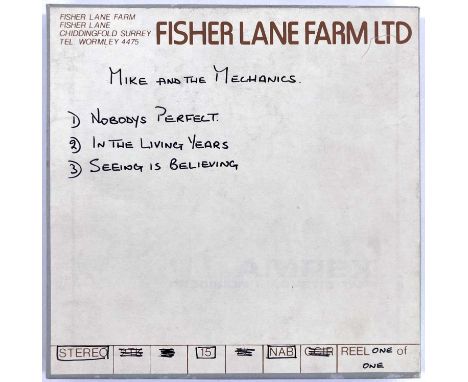 A 7" reel of stereo 15PS ampex audio tape with 'Fisher Lane Farm Ltd' label on box, handwritten text reads 'Mike and the Mech
