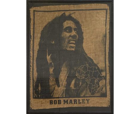 An original printed hessian sack with portrait of Marley, printed likely c 1979 as a promotional / shop display piece for 'Su