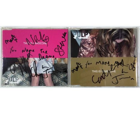 Two Pulp CD singles - each signed to booklet by Jarvis Cocker, Mark Webber, Nick Banks, Candida Doyle, Steve Mackey, Russell 