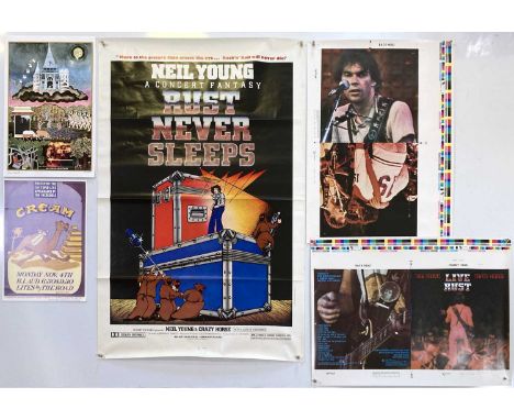 A proof print for the sleeve design for Neil Young's 'Live Rust' (19 x 26"), a 1979 film poster 'Rust Never Sleeps' (27 x 41"