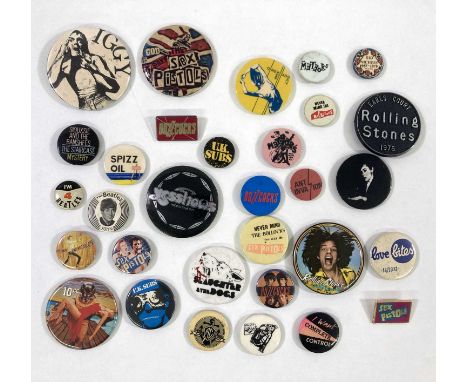 31 original pin badges to include: original 60s Beatles examples, Sex Pistols, Buzzcocks, Siouxsie and the Banshees, Iggy and