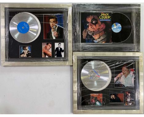 Three mounted and framed presentations to include: Meatloaf signed CD, Alice Cooper signed LP sleeve, Robbie Williams signed 