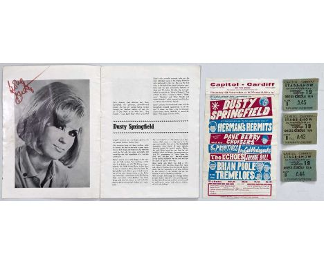 A concert programme signed to photo page 'Love Dusty'a handbill for the Capitol Cardiff (14.5 x 25cm), three ticket stubs for