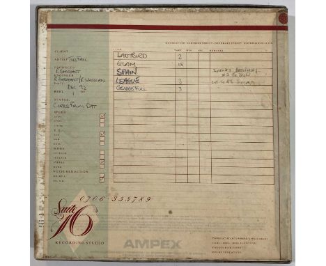 A boxed reel of Ampex recording tape, with handwritten 'Suite 16' labels listing five tracks which would be included on 1993'