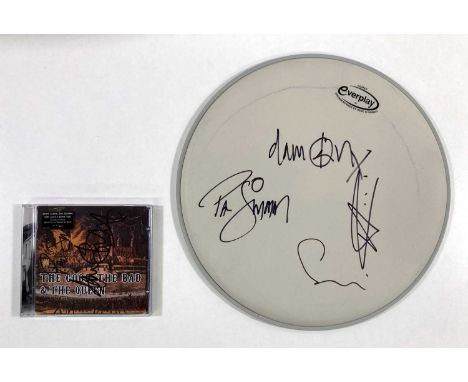 An 'Everplay' drumskin (12.5" diameter) signed in marker pen by Paul Simonon, Damian Albarn, Simon Tong, Tony Allen. A CD sig