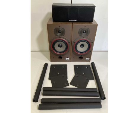 A pair of Bowers and Wilkins (B&amp;W) DM110 speakers, a Wharfedale Valdus Centre speaker and two speaker stands.