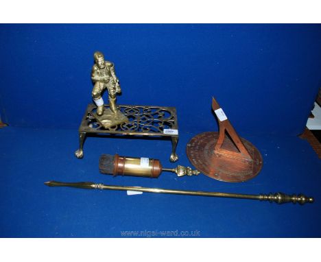 A quantity of brass including Miner's figure, Poker, Copper Sundial, etc.