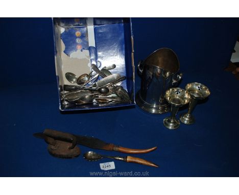 A wine Cooler, assorted old cutlery, small sad iron and a pair of epns Vases.