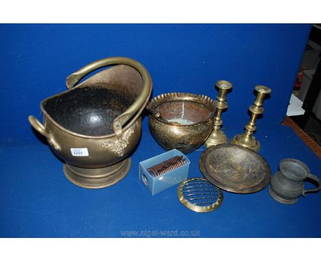 A quantity of Brass including coal bucket, jardiniere, candlestick, etc.
