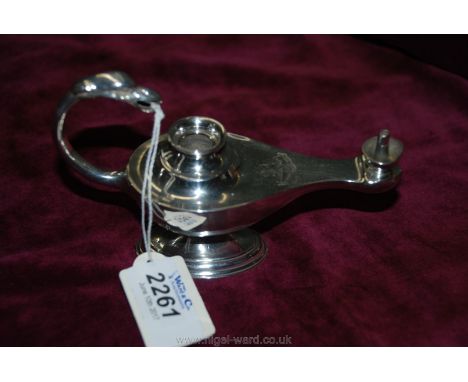 An Edwardian Silver Aladdin Style Oil Lamp with Serpent's Head Handle, Crested 68 grams - Birmingham 1905.