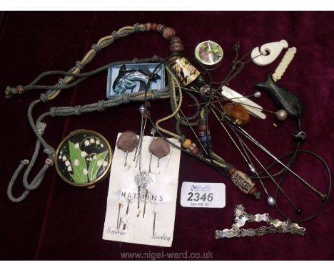 A Balinese silver Bracelet, miscellaneous stick pins and hat pins, compact, etc.