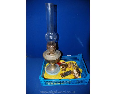 A Brass oil Lamp (as found), along with two brass knife rests, cup, bookmark, etc.