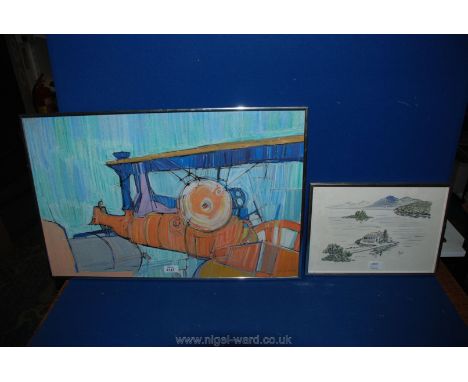 A Pastel painting of a Traction Engine 67cm x 43cm, and a Watercolour of Mouse Island, Corfu 34cm x 24cm