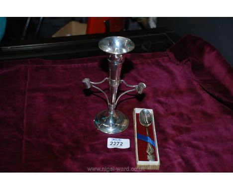 A small Silver Epergne style Tablecentre (two pieces missing) and a Silver commemorative Spoon