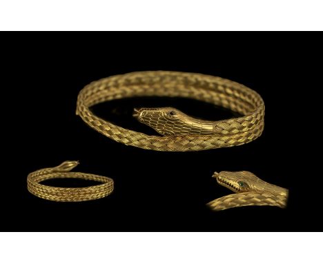 Large and Impressive Mid 20th Century 9ct Gold Basket Weave Design Snake Bangle with fangs at the ready; marked 9ct, with bru