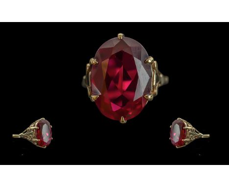 Antique Period Ladies 9ct Gold Pleasing Large Ruby Coloured Single Stone Statement Ring, Excellent Setting. The Large Faceted