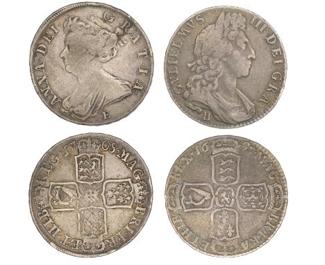 William III, Halfcrown, 1697b (ESC 1060; S 3488); Anne, Halfcrown, 1708e (ESC 1382; S 3605) [2]. Fine, first scarce £90-£120