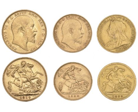 Victoria, Half-Sovereign, 1898 (S 3878); Edward VII, Sovereign, 1910 (S 3969); Half-Sovereign, 1904 (S 3974B) [3]. Very fine,