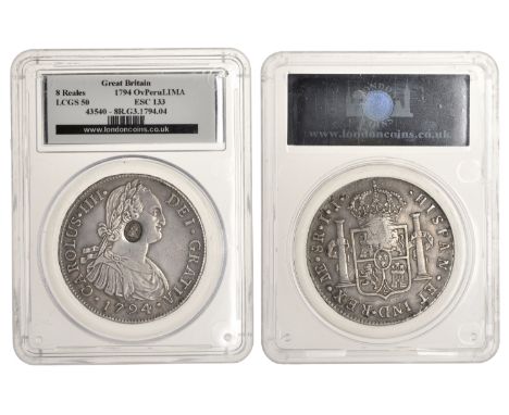 George III (1760-1820), Bank of England, PERU, Charles IV, 8 Réales, 1794ij, Lima, obv. countermarked with head of George III