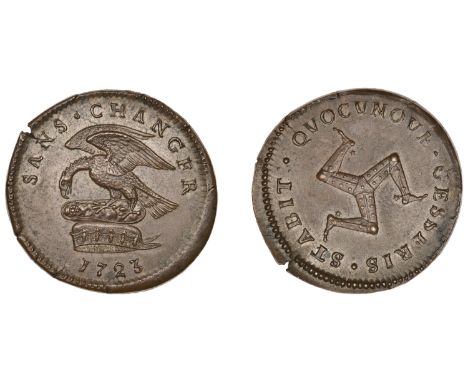Isle of Man Coins, James Stanley, Maguire/Poole issue, Pattern Penny, 1723, by W. Wood, in copper, eagle and child on cap of 