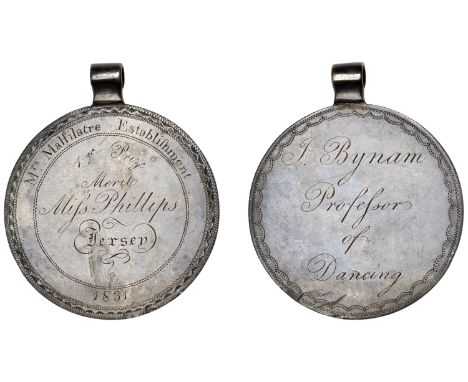 Jersey Medals, Mrs Malfilatre’s Establishment, a silver award medal, unsigned, named (First Prize Merit, Miss Phillips), rev.