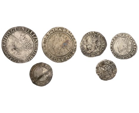 Elizabeth I, Second issue, Penny, mm. martlet, 0.55g/1h; Third issue, Sixpence, 1561, mm. pheon, large flan, 2.53g/6h; Fourth