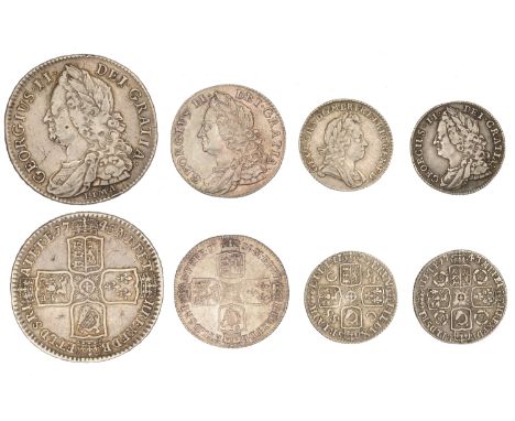 George I, Sixpence, 1723 ss c (S 3652); George II, Halfcrown, 1745 lima, edge decimo nono (S 3695); Shilling, 1750 (S 3704); 