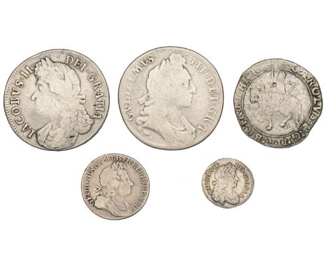 Charles I, Tower mint, Halfcrown, type 3a2, mm. anchor (S 2775); Charles II, Fourpence, 1677 (S 3384); James II, Crown, 1687,