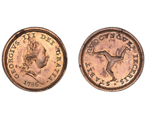 Isle of Man Coins, George III, First issue, Proof Halfpenny, 1786, in copper, edge grained left, 8.27g/6h (Prid. 31A). Minor 
