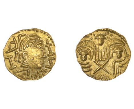 Early Anglo-Saxon Period, Gold Shilling or Thrymsa, Post-Crondall period, c. 645-70, Two Emperors type, bust right, symbols a