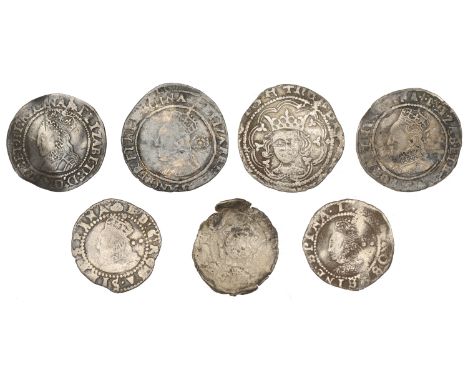 Henry VI, Rosette-Mascle issue, Halfgroat, Calais, mascle in two spandrels, 1.72g/11h (S 1863); Philip and Mary, Base Penny, 