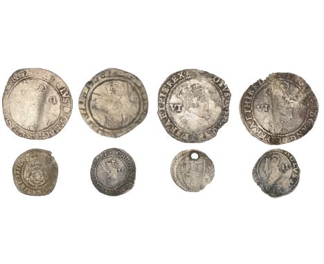 James I, First coinage, Sixpence, 1603, mm., thistle, 1.95g/6h, Second coinage, Sixpences (2), 1604, mm. lis, 2.66g/1h, 1610,