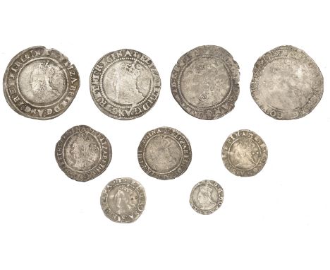 Elizabeth I, Third issue, Sixpence, 1568, mm. coronet, 2.80g/6h, Threepences (2), 1566, mm. portcullis, 1.41g/5h, 1568, mm. c