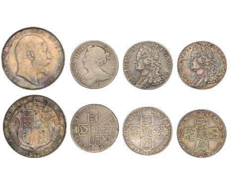 Anne, Shilling, 1708e (S 3608); George II, Shillings (2), both 1758 (S 3704); Edward VII, Halfcrown, 1907 (S 3980) [4]. First