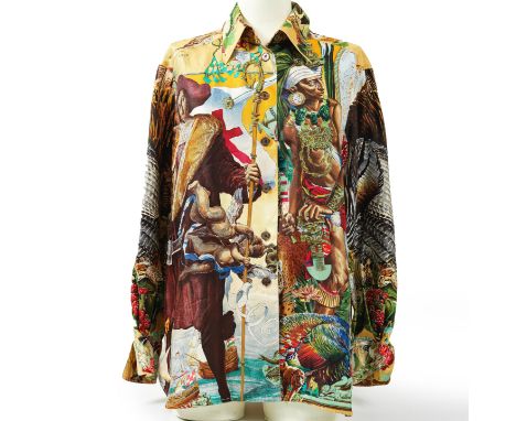 HERMES Paris. Chemisier soie impriméeCréation des carrés: Kermit OliverEn soie imprimée, carrés Faunes et Flores du Texas et 