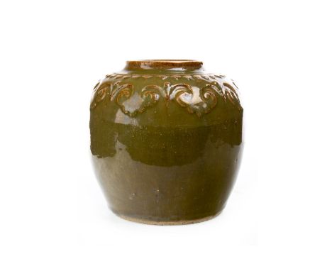 CHINESE STONEWARE JAR, possibly 18th/19th century, with olive green glaze, thinning at the neck to light brown, decorated at 