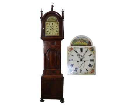 J. Wilson Gateshead, a Victorian mahogany longcase clock, c1860, 8 day movement striking on a bell, 13 inch painted dial with