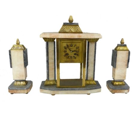 A French Art Deco marble and gilt metal clock garniture, the square gilt dial signed Peunteun, Brest, the movement stamped Fr