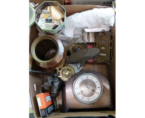 A selection of tea cards, silks, lady's compact, cigarette case, mantel clock, vintage childs clothing, etc. 