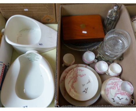 Two bedpans and a Crescent tea set, two finger bowls, knight cigarette lighter, cased fish knives and a plated cake basket